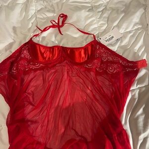 Red Lace Chemise with Sheer Chiffon and Satin Accents